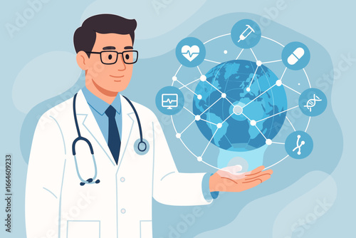 Doctor holding virtual globe with healthcare network connection. Science and medical innovation, technology. Sustainable smart services and solutions in global medicine.