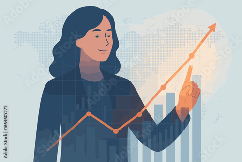 Businesswoman touching a financial growth chart. Double exposure concept of stock market trading, economic success, and global investment strategy. Data analysis for profit.