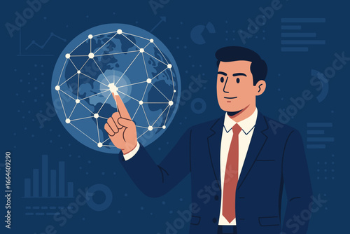 Businessman touching global network connection. Big data, digital marketing, business data exchange worldwide. Investment, financial, and banking technology concept vector.