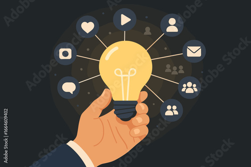 Social media marketing strategy concept. Hand holding light bulb with a network of multimedia icons. Digital communication, customer engagement, creative ideas and branding.
