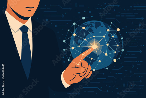 Businessman touching global network connection. Information data exchange and big data sorting flow process. Abstract futuristic science and innovation technology concept.