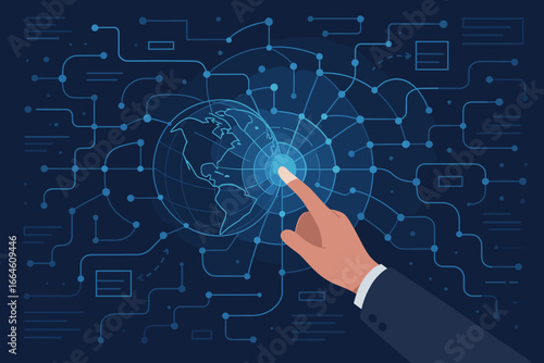 Businessman hand touching digital world map, global network data exchange, abstract futuristic technology, big data sorting flow, innovation, science information, worldwide connectivity concept