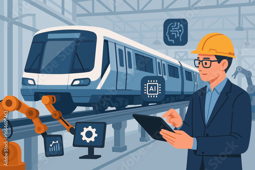 Engineer with tablet controls robotic arm on train assembly line in smart factory. AI technology in manufacturing. Industry 4.0 concept. Automation in transport production.