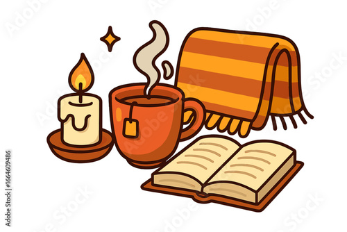 Cozy autumn relaxation with a hot tea mug, an open book, a warm scarf, and a burning candle. Hygge lifestyle concept for a comforting evening at home. Vector illustration.