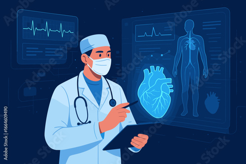 Cardiologist doctor analyzing patient heart on a futuristic digital holographic interface. Medical technology, AI in healthcare, virtual human anatomy, EKG test results.