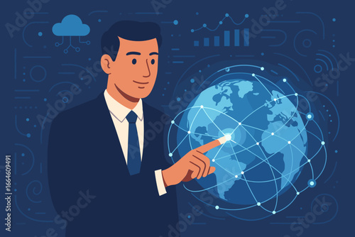 Businessman touching global network. Data exchange, big data analytics concept. Futuristic technology connecting the world. Innovation, internet and cloud computing vector.
