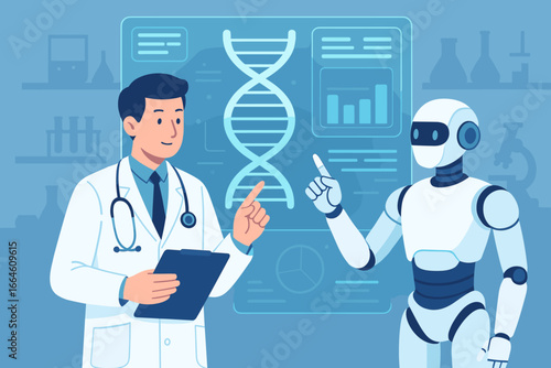 Doctor and medical assistant robot analyzing DNA on a virtual interface. Future of medicine, healthcare technology, artificial intelligence, genetic research, and innovation concept.