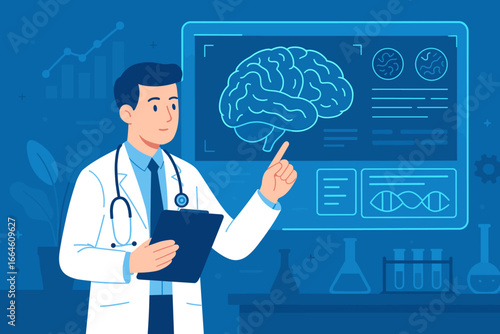 Doctor analyzing brain scan on virtual screen. Neurologist studying neurology and human anatomy. Medical diagnosis in science laboratory. Innovative healthcare technology concept.