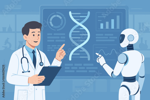 Doctor and robot analyzing DNA on a futuristic interface. Artificial intelligence in medicine, healthcare innovation, genetic research, and laboratory diagnostics concept.