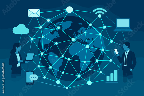 Global business communication technology. Worldwide internet network connection. Telecommunication and data exchange concept. People networking with futuristic technology background.