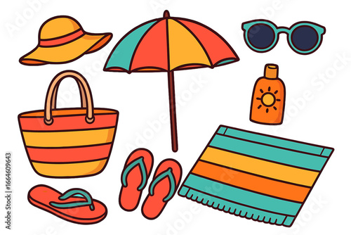 Beach vacation accessories set. Cartoon vector icons of summer essentials: sun umbrella, hat, sunglasses, bag, flip flops, sunscreen lotion, towel. Holiday and travel concept.