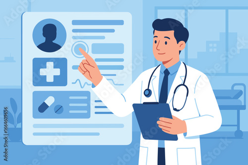 Doctor analyzing electronic medical record. Healthcare technology. Patient data on futuristic screen. Medical diagnosis concept. E-health innovation. Hospital clinic background.