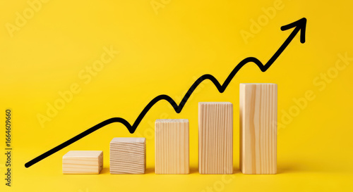 Conceptual Growth Chart Visualized with Wooden Blocks and a Rising Arrow on a Yellow Background Illustrating Business Development and Progress Tracking