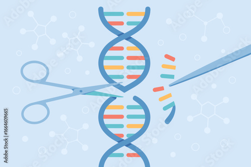 Gene editing concept. Replacing part of a DNA molecule. Medical science and biotechnology innovation. Modern flat vector cartoon illustration of DNA modification with scissors.