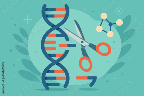 Gene editing vector concept. Scissors cutting a DNA helix strand for genetic engineering or modification. Biotechnology, medical science research, and gene therapy innovation.