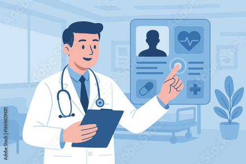 Healthcare and medical concept. Doctor touching futuristic screen, diagnosing patient via electronic medical record. Digital health technology, EMR, telemedicine in a hospital.