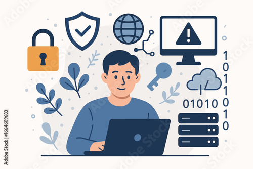 Cyber security and data protection concept. Programmer at laptop with privacy icons like lock and shield. Internet safety, network security, cloud server, vpn vector illustration.