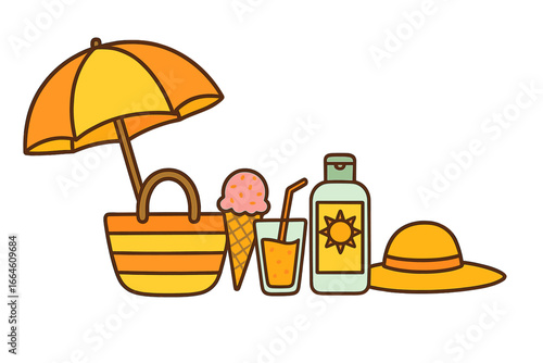 Summer beach vacation essentials icon set. Vector cartoon illustration of holiday items. Sun protection concept with umbrella, bag, ice cream, juice, sunscreen and sun hat.