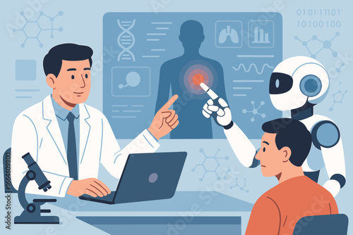 Doctor and AI robot diagnose patient. Futuristic medical technology concept with human body scan on screen. Artificial intelligence in healthcare for health analysis and research.