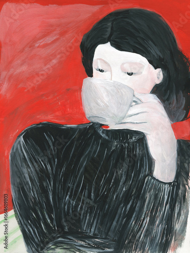 Young woman drinking coffee. illustration