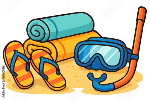 Summer beach essentials for a relaxing day by the ocean. Vector cartoon illustration of flip flops, towels, and snorkeling gear. Holiday vacation concept with isolated objects.