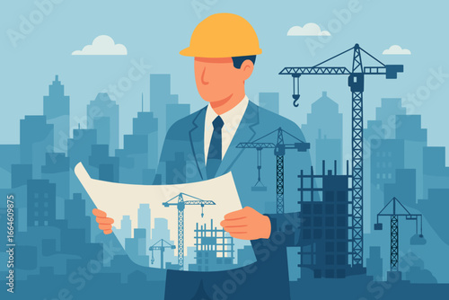 Double exposure vector of a construction engineer with a blueprint. Cityscape architecture and urban development concept with cranes. Building project planning illustration.