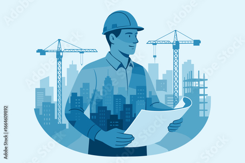 Double exposure vector of a construction engineer or architect holding a blueprint. Cityscape silhouette with cranes and buildings. Urban development and industry concept.