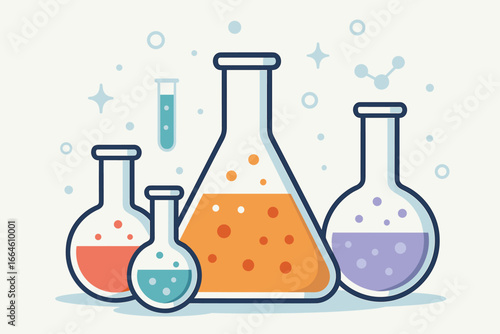 Laboratory research concept with chemical glass flasks and test tubes. Medical or scientific experiment background. Modern flat vector cartoon illustration for science banner.