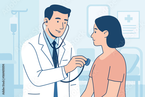 Doctor with stethoscope listening to a patient's chest during a medical examination. Healthcare and medicine concept. Annual checkup and diagnosis in a hospital or clinic. Vector.