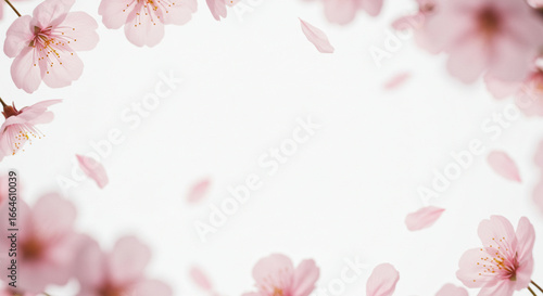 Spring background with a frame of cherry blossoms, Japanese sakura flowers, and falling petals on a white background with free space for text