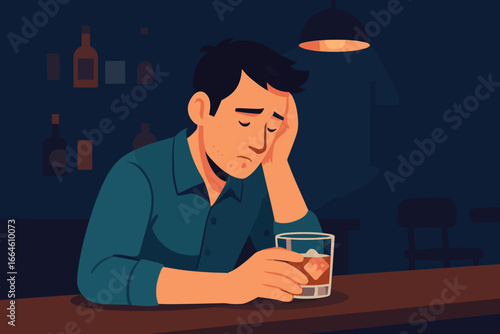 Sad lonely man drinking whiskey at bar. Concept of depression, alcoholism, stress, addiction. Unhappy person with alcohol problem. Mental health issues, despair, solitude. Vector