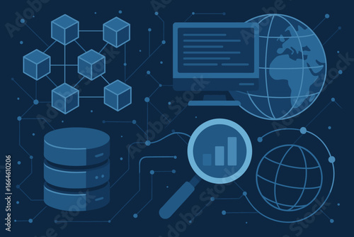 Big data analysis and blockchain technology concept. Global network structure with database server and mainframe connection. Futuristic internet technology vector illustration.