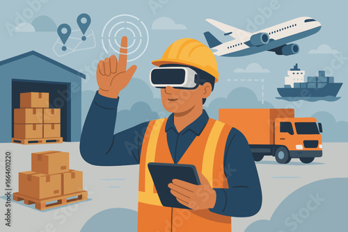 Engineer wears VR glasses developing the new era of logistics and transportation. Modern flat vector for supply chain, warehouse, shipping, cargo tracking, and metaverse concept.