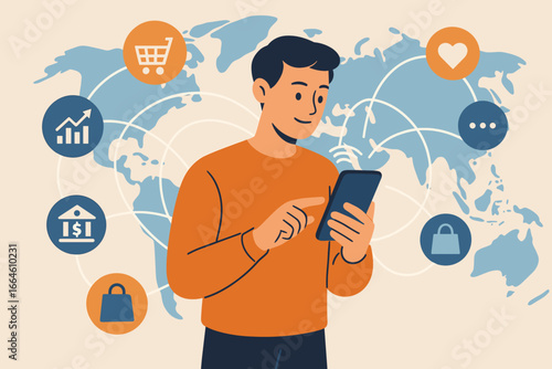 Man with smartphone on global network background. Concept for online banking, business, shopping, finance, and social media. Digital world connection vector illustration.