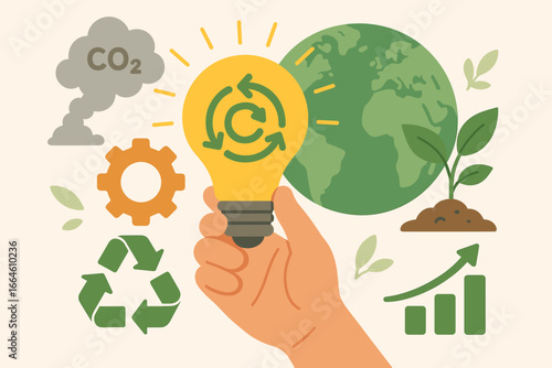 Circular economy vector concept. Hand holds lightbulb with recycle icon for green energy idea. Sustainable business growth, reusing materials and reducing CO2 emissions for the future.