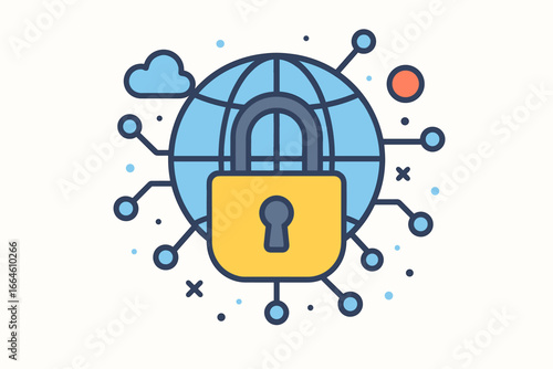 Padlock icon over globe for internet security and technology networking. Vector concept for cybersecurity, data protection, global privacy, vpn, and secure cloud connection.