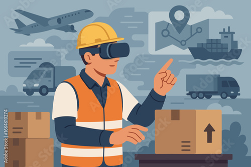 Logistics and transportation industry innovation with virtual reality. Engineer wearing VR headset manages global supply chain, cargo shipping, and delivery tracking. Modern vector.