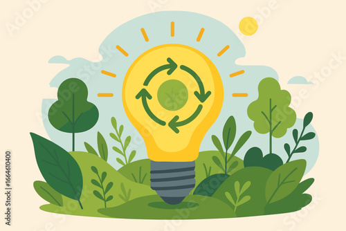 Circular economy concept. Light bulb with recycle icon in green nature. Sustainable strategy for energy consumption, eliminating waste and pollution for future growth. Eco idea.