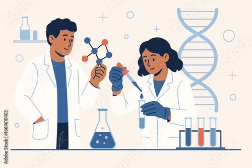 Science and medicine concept. Scientists experimenting with a molecule model and a test tube. Chemical liquid in a laboratory. Medical research, DNA, biology, teamwork vector.