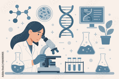 Scientist woman in laboratory doing genetic research. Female doctor studies DNA helix on computer, uses microscope for medical analysis. Flat vector cartoon illustration.