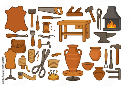 Artisan workshop tools set. Traditional craftsmanship icons. Handmade crafts from leather, pottery, sewing, carpentry, and blacksmithing. Vector illustration collection.