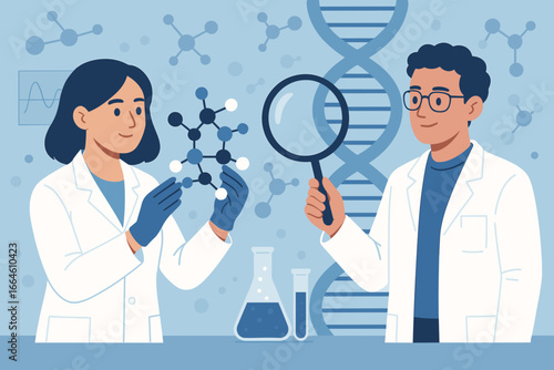 Scientists research a molecule model in a lab, concept for biotechnology and genetics. DNA helix background, medical discovery, chemistry experiment, and scientific analysis.
