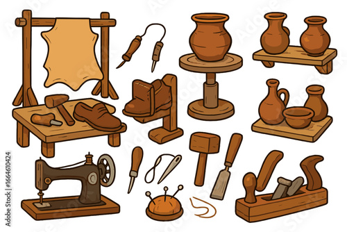 Artisan craft tools set. Handmade workshop collection with leather shoemaking, pottery, sewing and woodworking equipment. Vector cartoon illustration for traditional craftsmanship.