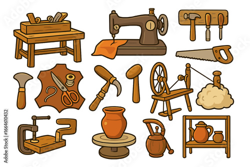 Artisan crafts tool set vector cartoon illustration. Traditional workshop equipment for handmade work. Woodworking, sewing, leather craft, pottery items. Craftsmanship concept.