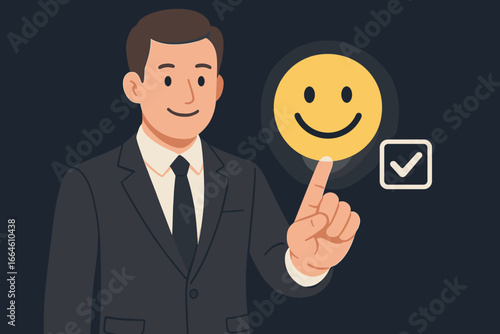 Businessman finger touching smile emoticon for customer satisfaction. Service rating, positive feedback, and evaluation concept. Client experience survey and best review idea.