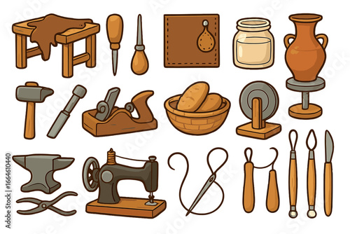 Artisan tools and crafts collection. Vector icons set for handmade workshop. Leatherworking, pottery, sewing, woodworking, baking and blacksmithing equipment. Craftsmanship.