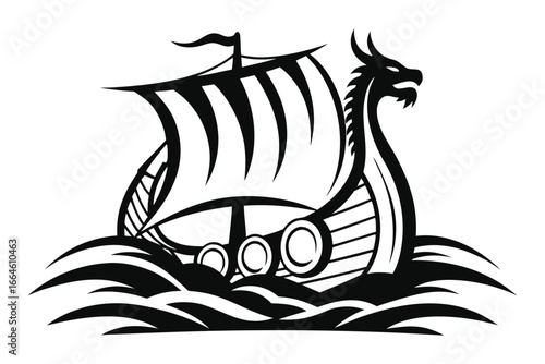 Nordic Viking Ship Dragon Head Silhouette Sailing on Water with Details