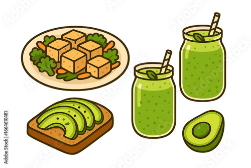 Vegan food set with tofu, avocado toast, green smoothie. Healthy plant-based meal collection. Vector cartoon illustration for diet, nutrition, vegetarian and clean eating concepts.
