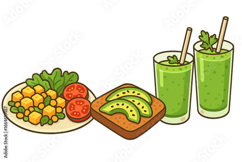 Vegan food set with tofu salad, avocado toast, and green smoothie. Healthy plant-based meal for breakfast or lunch. Nutrition, diet, detox, vegetarian concept cartoon vector.