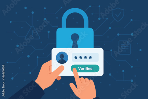 Cyber security vector concept. Hand verifying identity with login and password on virtual screen. Data protection technology, network security, and business data privacy.